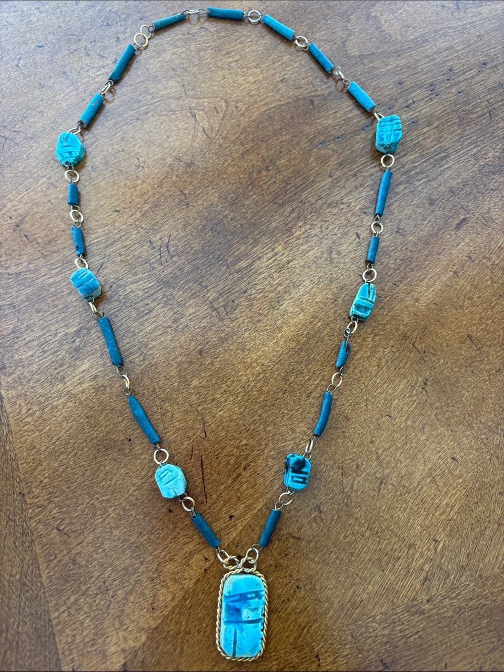 Vintage Egyptian Revival Handmade scarab Turquoise Beaded Pendant Necklace 22”